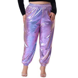 Plus Size Shiny High Waist Stretchy Wear Holographic Trousers Purple Blue